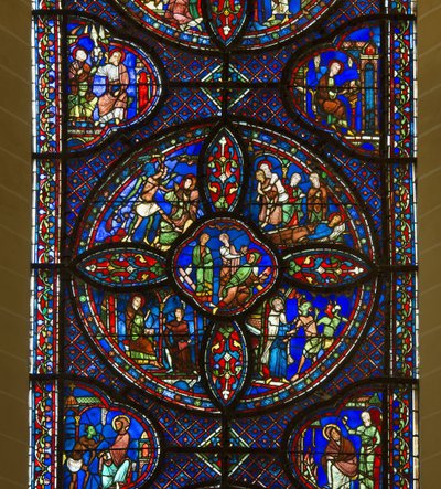 Cathedrale de chartres, witraże: życie św. Antoniego i św. Pawła, pustelnicy, w centrum detal autorstwa French School