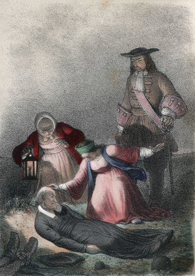 Katarzyna I z Rosji (Marta Elena Skavronska, później Marfa Samuilovna Skavronskaya) - Katarzyna I (1684 - 1727), dziecko, odnajduje pastora Skovrońskiego, pastora, który ją wychował, umierającego wśród zmarłych w Mariemburgu, mieście zajętym przez Rosjan - autorstwa French School