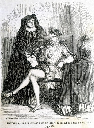 Katarzyna Medycejska (Caterina de Medici) odrywa od swojego syna (Karol IX) rozkaz nadania sygnału masakry św. Barthelemy w 1572 r. - w „Histoire de France” L.-P. Anquetil autorstwa French School