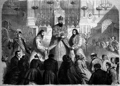 Ryt Katolicki - Msza - 26 stycznia 1860: Msza celebrowana według rytu ormiańskiego przez przełożonego Mechitarystów w kościele Notre Dame des Victoires w Paryżu. Grawer w „Le Monde Illustré” nr 147 z 4 lutego 1860 r. autorstwa French School