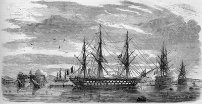 Święto katolickie: Wielki Piątek (Wielki Piątek) w Tulonie (Var, 83) w 1858 r. Statki mają wędki w krzyżu i flagi z połówkami fałów na znak żałoby. Grawer w „Le Monde Illustré” nr 53 z 17 kwietnia 1858 r. autorstwa French School