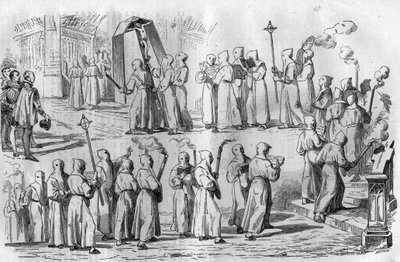 Katolicka zabawa i przesądy. Procesja pokutników podczas ataku na Rzym cesarza Otona I Wielkiego (912-973). Grawer w „Histoire des Papes-Rois-Queen and Empereurs a travers les Century” Maurice Lachatre autorstwa French School
