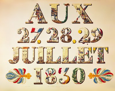 Obchody Trzech Chwalebnych Dni, 27, 28 i 29 lipca 1830 (kolorowe grawerowanie) autorstwa French School