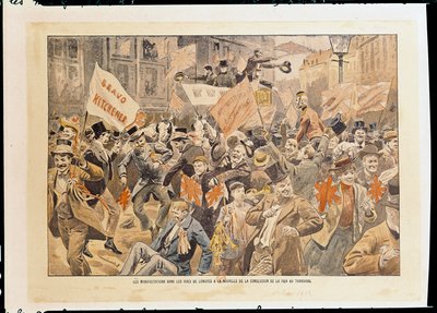Uroczystości na ulicach Londynu po wiadomości o zawarciu pokoju w Transwalu, maj 1902 (druk) autorstwa French School