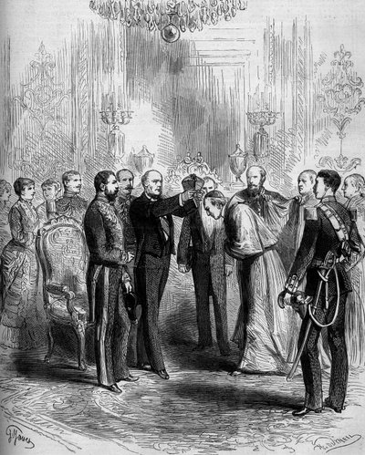 Ceremonia wręczenia insygniów kardynała: Pier Francesco Meglia (1810-1883) otrzymał kardynalski czerwony płaszcz, a Jules Grevy (1807-1891) włożył mu na głowę kardynalski wisior. Paryż, Pałac Elizejski autorstwa French School