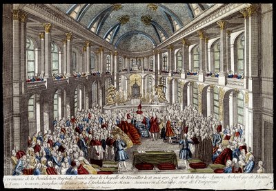 Ceremonia błogosławieństwa weselnego udzielonego w kaplicy wersalskiej 16 maja 1770 r. przez delfina francuskiego Ludwika Augusta (Ludwika XVI) i Marię Antoninę z Austrii - rycina autorstwa French School