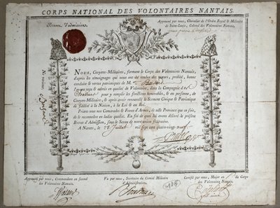 Zaświadczenie o przyjęciu do Gwardii Narodowej Ochotników Nantes, 1789 autorstwa French School