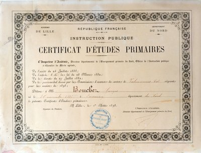 Certyfikat szkoły podstawowej, Academie de Lille, 1898 (tusz na papierze) autorstwa French School