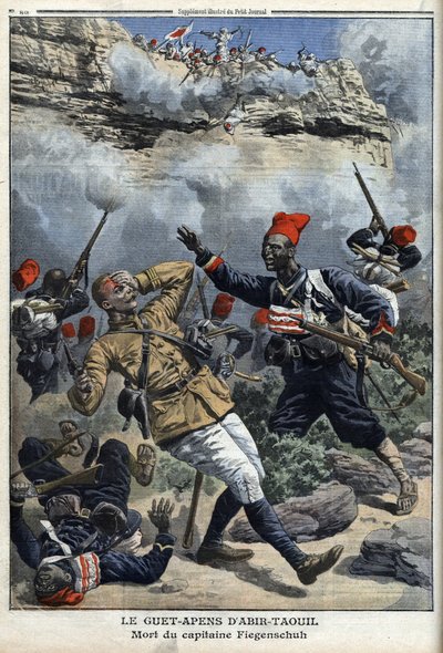 Czad, Zasadzka w Abir Taouil (Abir-Taouil), śmierć kapitana Fiegenschuha, ilustracja z „Le petit Journal”, dodatek illustrique, 6 marca 1910 autorstwa French School