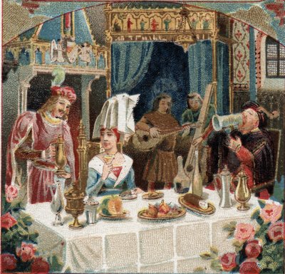 Szambelan Jehan de Saintre serwujący drinka w Lady of Belles Cousines (Belles-Cousines) na bankiecie w Chateau d