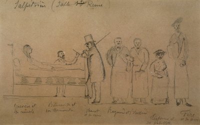 Charcot zaprojektowany przez jednego z jego uczniów. Od lewej do prawej: pacjentka Genevieve w kamizelce, doktor Desire Magloire Bourneville z termometrem, Jean Martin Charcot, Raymond i Brissaud, Me Tirperme i Charles Fere. Sala Świętej Królowej, Salpetri autorstwa French School