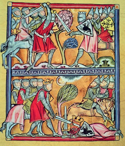 Karol Wielki i jego paladyni w walce z Saracenami, miniatura z „Karol Wielki i jego paladyni” (welum) autorstwa French School