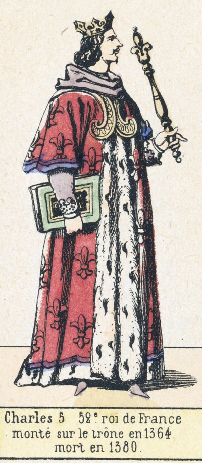 Karol 5, 52 król Francji, wstąpił na tron ​​1364, zmarł w 1380 (kolorowa rycina) autorstwa French School
