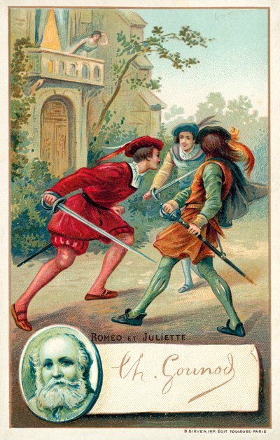 Charles Gounod, francuski kompozytor i scena z jego opery Romeo et Juliette (chromolitho) autorstwa French School