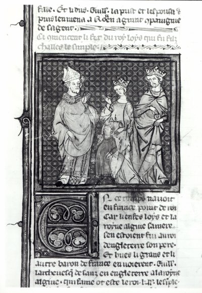 Karol III (879-929) Prosty z żoną i synem Ludwikiem IV (921-954), Grandes Chroniques de France, 1375-79 autorstwa French School