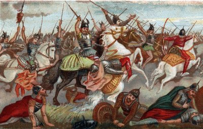 Charles Martel aresztujący muzułmanów w bitwie pod Poitiers w 732. Chromolitografia z XIX wieku. autorstwa French School