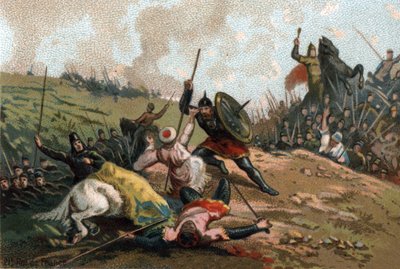 Karol Martel powstrzymał inwazję i zabił przywódcę Armii Abd al-Rahmana I lub Abderamane I (Abd al-Rahmana) (731-788), przywódcę Saracenów. Chromolitografia około 1890 r. autorstwa French School