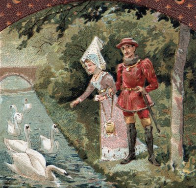 Karol VII (1403-1461) ze swoją ulubienicą Agnes Sorel (znaną jako Pani z Beaute sur Marne (Beaute-sur-Marne) (1422-1450) karmiąc łabędzie w parku zamku Savigny sur Orge (Savigny-sur -Orge).Chrololitografia z końca XIX wieku autorstwa French School