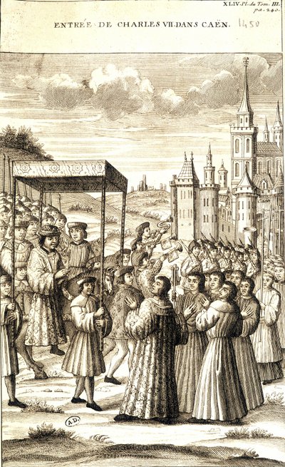 Karol VII wkroczył do Caen w 1450 roku. autorstwa French School