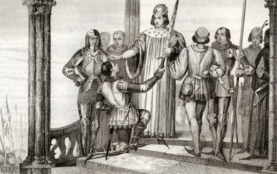 Karol V (1358-80) Mądry przedstawia swój miecz Duguesdinowi, z „Histoire de France” Colarta, wydanej ok. 1840 r. autorstwa French School