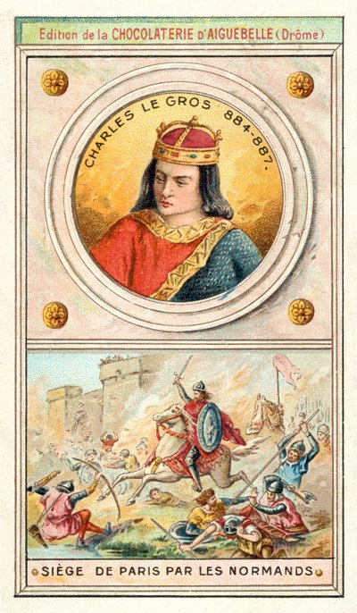 Karol Gruby i oblężenie Paryża przez Wikingów, 885-886 (chromolitho) autorstwa French School