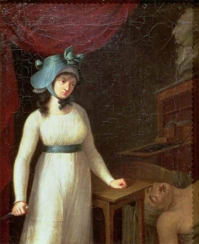 Charlotte Corday (1768-93) i zabójstwo Jeana Paula Marata (1743-93) w jego łaźni autorstwa French School