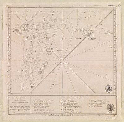 Mapa archipelagu na północ od Mauritiusa sporządzona w 1776 r. przez porucznika francuskiej marynarki wojennej M le Victe Grenier [Obejmuje Seszele, najbardziej wysunięte na południe Malediwy, grupę Mauritius i archipelag Czagos]. autorstwa French School