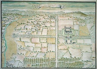 Chateaux de la Loire: „”Widok na zamek Plessis Bourre”” Akwarela szkoły francuskiej. 1699 Paryż, B.N. autorstwa French School