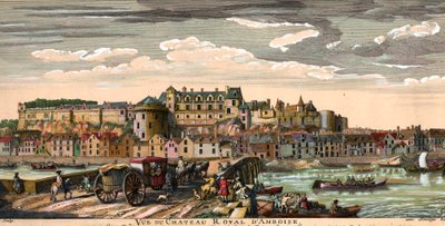 Chateaux de la Loire: widok na zamek Amboise w Indre i Loary w 18 wieku. Rycina z epoki. Kolekcja prywatna autorstwa French School
