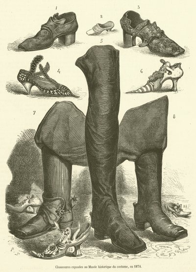 Buty wystawione w Muzeum Kostiumów Historycznych w 1874 r. (rycina) autorstwa French School