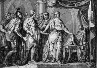 Childebert II (570-596), król Austrazji, po śmierci Gontrana I w 592 roku objął w posiadanie królestwo Burgundii i Orleanu. Rycina z XVIII wieku. autorstwa French School
