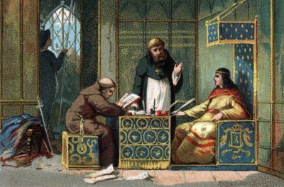 Childebert II, król Francji od 695a 711 w swoim zamku w Oise, otoczony mnichami, którzy dzielą jego pracę. Chromolitografia około 1890 r. autorstwa French School
