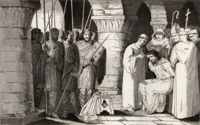 Childeric III (714-51) zostaje zdetronizowany i zamknięty w klasztorze, z „Histoire de France” Colarta, opublikowanej ok. 1840 r. autorstwa French School