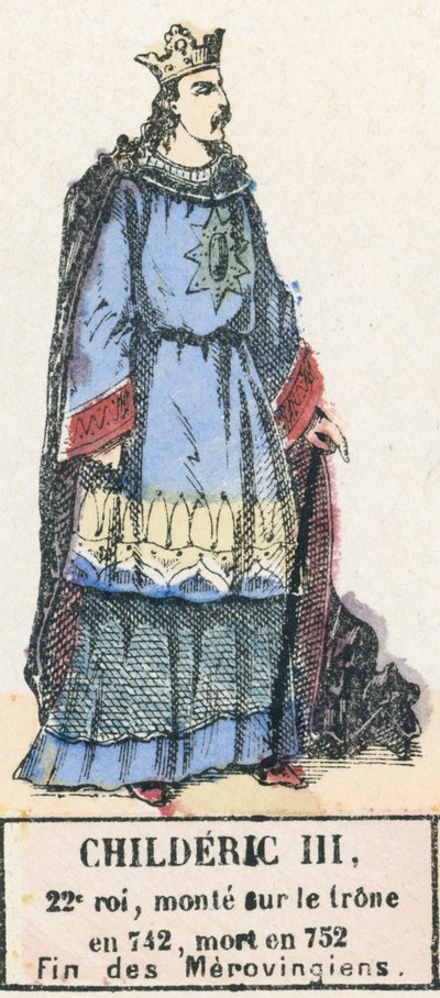 Childeryk III, 22 król, wstąpił na tron ​​w 742, zmarł w 752, Koniec Merowingów (kolorowa rycina) autorstwa French School