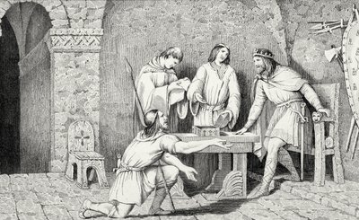 Childeric I (zm. 481) i Historia dwóch połówek złotej monety z „Histoire de France” Colarta, wydanej ok. 1840 r. autorstwa French School