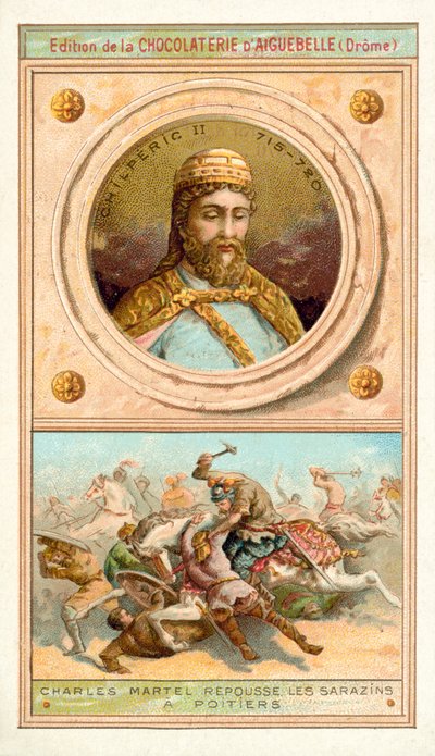 Chilperic II i Charles Martel pokonując Maurów w Poitiers, 732 (chromolitho) autorstwa French School