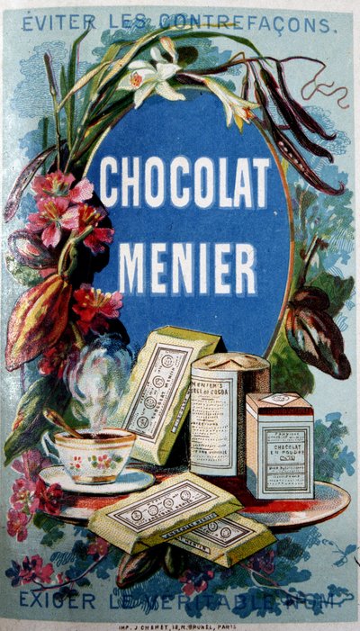 Reklama czekolady „Menier” z dopiskiem „Unikaj kontrfaktów”” autorstwa French School