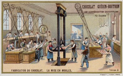 Produkcja czekolady. Wkładanie czekolady do foremek (chromolitho) autorstwa French School