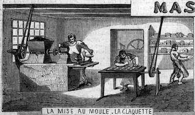 Produkcja czekolady: ważenie i formowanie, gwintownik. Usine de M. Masson, Paryż autorstwa French School
