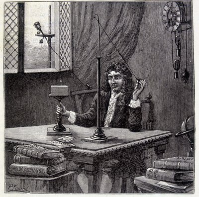Christian Huyghens obserwujący „”skłonność do ruchu”” lub elastyczność ciała – w „”Physique Populaire”” Emile Desbeaux autorstwa French School