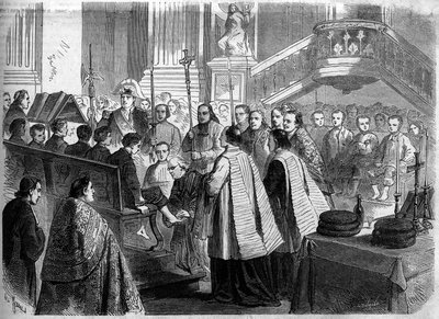 Obrządek Chrześcijański - Wielki Czwartek - 1860: obmywanie nóg w kościele św. Sulpicjusza w Paryżu. Grawer w „Le Monde Illustré” nr 156 z 7 kwietnia 1860 r. autorstwa French School