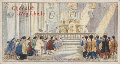 Chrześcijanie modlący się w Kaplicy Episkopatu w Pekinie (chromolitho) autorstwa French School