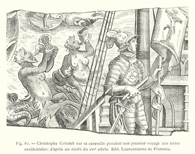 Krzysztof Kolumb na swojej karaweli podczas swojej pierwszej wyprawy na ziemie zachodnie; wg niella z XVI w. Bibl Laurentienne de Florence (rycina) autorstwa French School