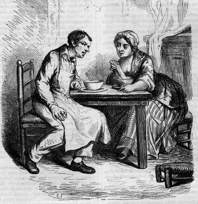 Christophe i gruba Sylvie: służący jedzą śniadanie. Grawerowanie w połowie XIX wieku. Ilustracja do „Ojca Goriota” Honore de Balzac (1799-1850). autorstwa French School