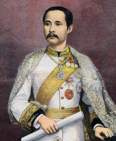 Chulalongkorn (1853-1910), król Syjamu. W 1897 Chulalongkorn został pierwszym syjamskim monarchą, który odwiedził Europę. Ilustracja z Le petit Journal autorstwa French School