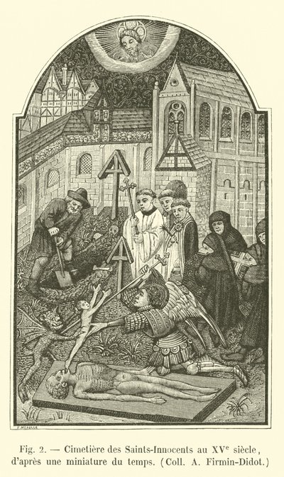 Cmentarz Świętych-Niewinnych z XV w., z ówczesnej miniatury, Zb. A Firmin-Didot autorstwa French School