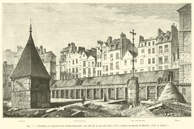 Cmentarz i masowe groby świętych-niewinnych, od strony rue aux Fers, 1780, wg rysunku Berniera, coll. A Lenoir autorstwa French School