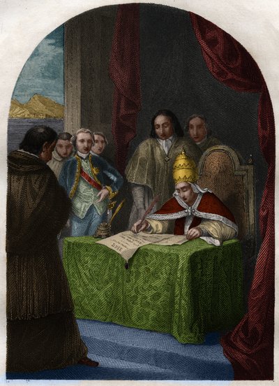 Klemens XIV (Klemente lub Klemens) (1705-1774) znoszący Towarzystwo Jezuitów 21 lipca 1773. Rycina z 1842 roku w „Histoire des Popes: Zbrodnie, morderstwa, otrucia, ojcobójstwa, cudzołóstwa, kazirodztwo... Maurice Lachatre. Prywatna kolekcja. autorstwa French School