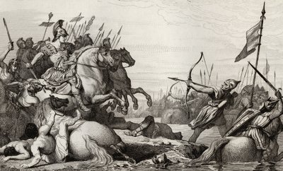 Clodion, Włochaty (ok. 428-47) Retreats Across the Bridge po klęsce Aetiusa, z „Histoire de France” Colarta, wydanej ok. 1840 r. autorstwa French School