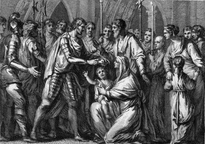 Clotaire (Clothaire) II, zwany Młodym (584-628), koronowany król Neustrii przez swego wuja Gontrana I (ok. 545-592), króla Orleanu i Burgundii. Jego matka, królowa Fredegonde (ok. 545-597), trzyma go w ramionach. 584. Rycina z XVIII wieku. autorstwa French School